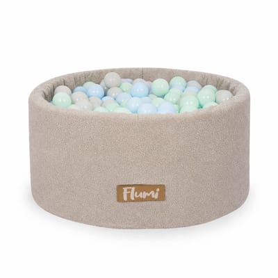Flumi - Schuim Kinder Ballenbad - Teddy Stof - Inclusief 200 Ballen - Afneembare Hoes - Grijs met Blauw en Mint Ballen