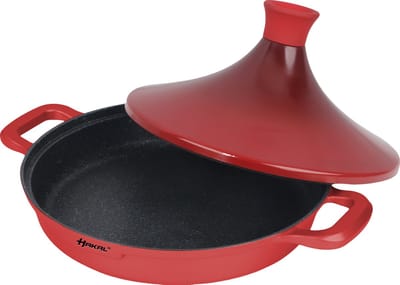 Kook Tajine Saffron 30 cm - Non-stick - PFOA free- Geschikt voor Alle Kookplaten - Rood incl. ovenwanten en vilt