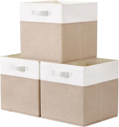 Famanu – Set van 3 opbergkubussen - stof - 33 x 33 x 33 cm - licht kaki - duurzaam materiaal - stevig en stabiel - ideaal voor plank - kast en opbergruimte - multifunctioneel gebruik