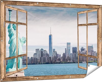 Gards Tuinposter Doorkijk Vrijheidsbeeld in New York - 150x100 cm - Tuindoek - Tuindecoratie - Wanddecoratie buiten - Tuinschilderij
