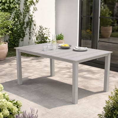 Tuintafel 175 cm met parasolgat - lichtgrijze eettafel voor buiten in HIPS kunststof houtlook, ruime diningtafel en buitentafel voor tuin, terras, veranda en patio, weerbestendig en onderhoudsarm tuinmeubel voor outdoor dining, 175 x 81 x 75 cm