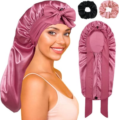 Oversized Satijnen Slaapmuts met Strikband voor Lang Krullend Haar en Vlechten