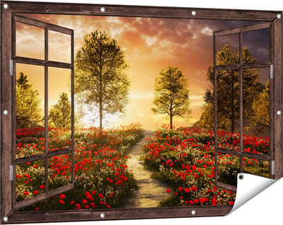 Gards Tuinposter Doorkijk Mooi Landschap met Rode Bloemen en Zonsondergang - 120x80 cm - Tuindoek - Tuindecoratie - Wanddecoratie buiten - Tuinschilderij
