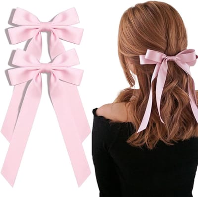 Zijdeachtige satijnen haarstrikken en linten met krokodillenklemmen - Roze haaraccessoires voor paardenstaart - Set van 2