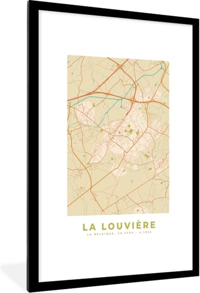 Fotolijst incl. Poster - Plattegrond - Vintage - La Louvière - Kaart - Stadskaart - 80x120 cm - Posterlijst