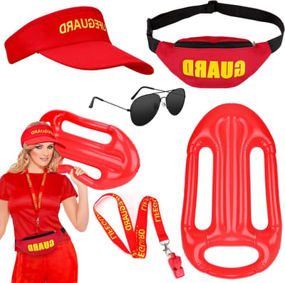 5-delige Lifeguard Kostuum Accessoires Set met Rode Hoed, Fluit, Heuptas, Zwarte Zonnebril en Opblaasbaar Drijfmiddel voor Dames en Heren op het Strand