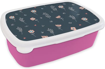 Broodtrommel Roze - Lunchbox - Brooddoos - Bloem - Insecten - Patronen - 18x12x6 cm - Kinderen - Meisje