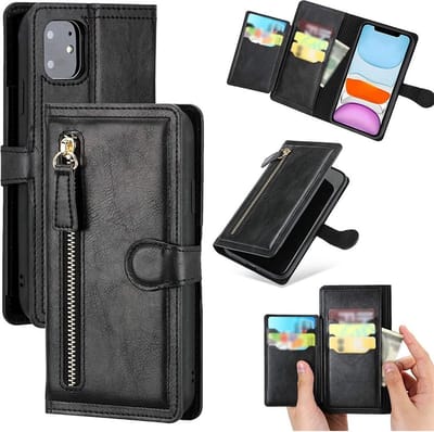 iPhone 12 / 12 Pro Book case met ritssluiting van LuxeBass - Flipcover - Magnetisch - 5 kaarten houder - Zwart - telefoonhoes - gsm hoes - telefoonhoesjes