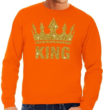 Oranje King gouden glitter kroon sweater / trui heren - Oranje Koningsdag kleding S