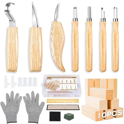 PromoHome Houtsnijgereedschapsset 23-in-1 - 7 Snijmessen, Lindehoutblokken, Snijbestendige Handschoenen, Slijpsteen - Voor Beginners en Professionals