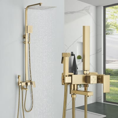 Geborsteld Goud Douchesysteem met 8" Vierkante Regenhoofddouche - 4 Waterfuncties, Handdouche, Onderuitloop & Douchepistool, Complete Badkamer Doucheset