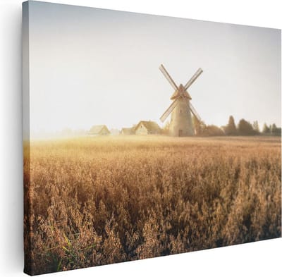Artaza Canvas Schilderij Korenveld - 40x30 cm - Klein - Wanddecoratie Zonsondergang - Muurdecoratie Molen - Kamer Accessoires Landschap - Herfst
