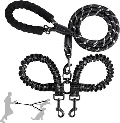 Dubbele Riem, Klitvrij en Reflecterend voor Twee Honden - Met Gevoerde Handgreep, Hoge Elastische Korte Halsband voor Wandelingen/Oefeningen
