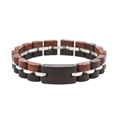 Armband - Donker bruine Sandalwood met roodbruine Mahonie – 21.5 cm - RVS tussenschakels zilverkleurig. Het combinatie van 2 soort duurzame hout in één prachtig armband is esthetisch aantrekkelijk, waardoor je jarenlang van dit sieraad kunt genieten.
