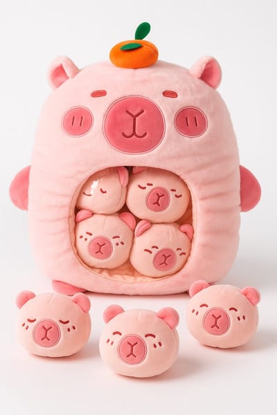 MagniToys – Capibara Knuffelkussen 40 cm – Kawaii Pluche met Mini Capibara’s in Transparant Buikvenster – Vanaf 3 Jaar