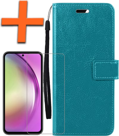 Hoes - Met Screenprotector - Geschikt voor Samsung Galaxy A54 - Luxe Pasjeshouder - Bookcase Portemonee - Flip Case - Kunstleer Book Case - Flipcase - Book Cover - Walletcase - PortemonneeHoes - Turquoise
