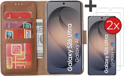 Hoesje met 2 Stuks Screenprotectors Geschikt voor Samsung Galaxy S26 Ultra – Arara bookcase met pasjeshouder - Bruin