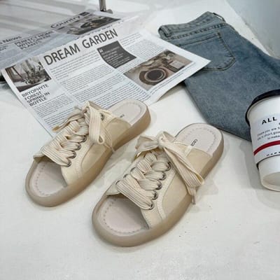 Nouvelle mode femmes été à lacets décontracté toile sandales mode fond plat sport pantoufles bout ouvert chaussures plates sandales chaussures 35 blanc