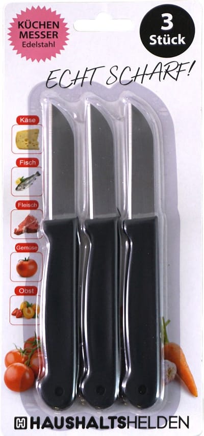 Haushaltshelden keukenmesjes/schilmesjes - 3x - RVS - zwart - 16 cm