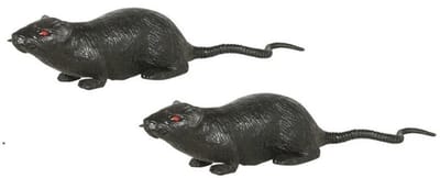 Grote plastic rat - 2x - donkergrijs - 20 cm - met rode ogen - enge namaak dieren - Halloween/horror decoratie/versiering