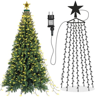 MUPOO Kerstboom Verlichting met Ring – LED Lichtketting & Lichtslinger Waterfall Warm Wit – 8 Modi met Timer – Met Ster Topper – IP44 Binnen & Buiten Kerstboomverlichting voor Boom & Raamdecoratie