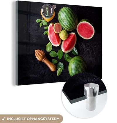 MuchoWow® Glasschilderij 120x90 cm - Schilderij acrylglas - Watermeloen - Smoothie - Fruit - Citroenpers - Foto op glas - Schilderijen