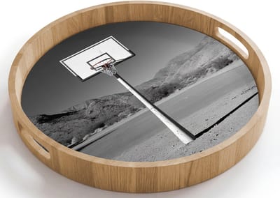 Dienblad rond 40x40 cm - Schootdienblad hout - Basketbalpaal - Landschap - Zand - Wit - Borrelplank rechthoek - Plateau houten dienbladen