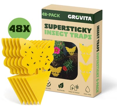 Grovita Rouwvliegjes Bestrijden - Plakstrips Vlindervorm - 48 Stuks - Fruitvliegjes Vanger - Insectenval - Gifvrij - Fruitvliegjes, Rouwvliegjes en Varenrouwmug