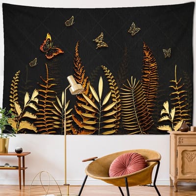 Magnifique Tapisserie Tulipes Papillon Doré Feuille de Palmier Décor Plantes Tropicales Tissu à Suspendre au Mur Couverture Bohème Tapis Plaid Tapis de Yoga 95x70CM brown