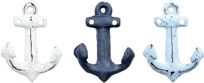 Set van 3 ankerwandhaken, blauw, wit, metaal, garderobehaken, maritieme decoratie, metalen haken, shabby chic, vintage look
