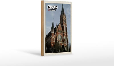 Holzschild Reise Graz Österreich Herz-Jesu-Kirche 12x18 cm