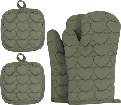 Dailygoods - Set van 4 Hittebestendige Ovenhandschoenen en Potholders - Keukenhandschoenen voor Koken en Grillen - Groen