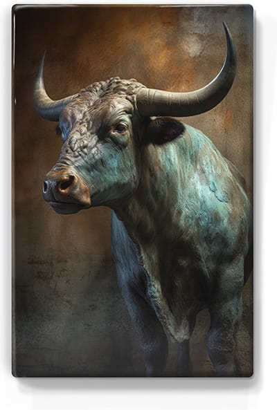 Bronzen stier - Laqueprint - 19,5 x 30 cm - Niet van echt te onderscheiden handgelakt schilderijtje op hout - Mooier dan een print op canvas. - LP352