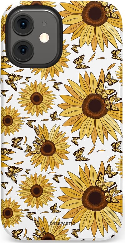 Casetastic Hoesje Geschikt voor Apple iPhone 12 Mini - Stijlvolle Beschermende Duo-layer Case - Zonnebloem Zomer met vlinders