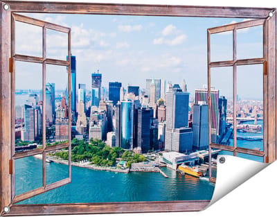 Gards Tuinposter Doorkijk New York Als een Eiland vanuit de Lucht - 90x60 cm - Tuindoek - Tuindecoratie - Wanddecoratie buiten - Tuinschilderij
