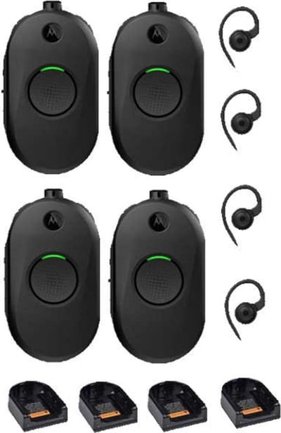 Set van 4 Motorola CLP446E Mini Portofoons met oortje en tafel lader