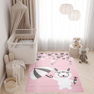 Tapiso Pinky Vloerkleed Roze Wit Grijs Konijn Kinderkamer Tapijt Maat- 80x150