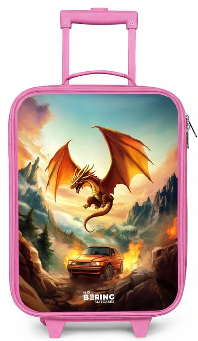 NoBoringSuitcases.com® - Kinderkoffer roze - Kindertrolley meisje - Vliegende draak boven vurige bergweg - Koffer kind lichtgewicht - Reiskoffer trolley voor kinderen - Koffertje met lichtgevende wieltjes - Rolkoffer