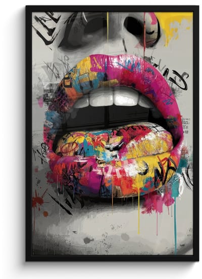 Poster in lijst - Fotolijst 60x90 cm - Posters - Lippen - Graffiti - Expressief - Posterlijst zwart - Decoratie - Wanddecoratie woonkamer - Muurdecoratie slaapkamer
