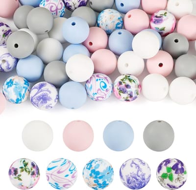 15 mm blauwe bloemen patroon siliconen kralen 52 stuks rubberen bal Frosted Morandi Focal kraal Bulk voor DIY handgemaakte kunst kralen pen decor sieraden maken, paars