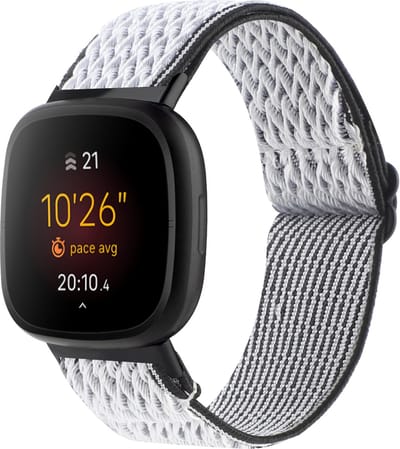 By Qubix - Compatible Fitbit bandje - geschikt voor Fitbit Versa 3/4 & Sense 1/2 Nylon loop bandje - Wit met zwart Smartwatchbandje bandje Armband Polsband Strap Band Watchband