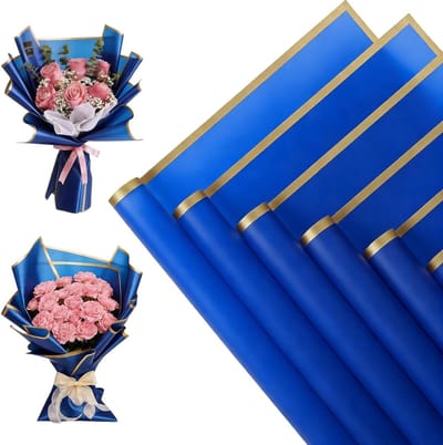 Blauw Bouquet Papier 22 x 22 Inch - Waterdicht Floral Geschenkpapier met Gouden Rand, Perfect voor Bloemen en Cadeaus, Minimalistisch Design