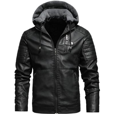 Heren Nieuw Casual Fleece Leren Jas met Capuchon Leren Jas Herfstjas 5XL black