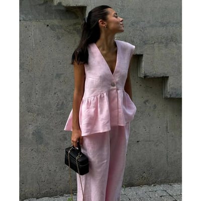 Zomerse Chic Dames Set Effen Kleur Katoen Linnen Tweedelige Set Mode Ruches Mouwloze Tanktop Met Wijde Broek Outfit Vrouwelijk S
