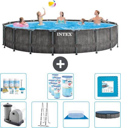 Intex Rond Prism Frame Greywood Zwembad - 549 x 122 cm - Inclusief Pomp - Ladder - Grondzeil - Afdekzeil Onderhoudspakket - Filters - Vloertegels