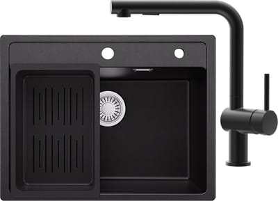Anycee Max Spoelbak voor keuken 60x46CM - Granieten Spoelbakken Met L-uitloop Keukenkraan - Spoelbak Keuken Zwart - Spoelbak met Afdruiprek
