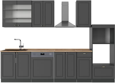 Vicco Fame-Line Complete keukeneenheid – 300 cm met hoge kast, WB Eik Anthrazit-Gold Landhaus