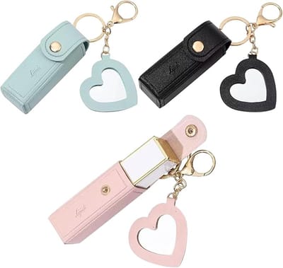 3 stuks - Leren opbergtas voor lippenstift - Draagbaar - Met kleine spiegel - Sleutelhanger - Mini tas - Sleutelhangerhanger - Creatieve lippenbalsemhouder - Roze, zwart, lichtblauw
