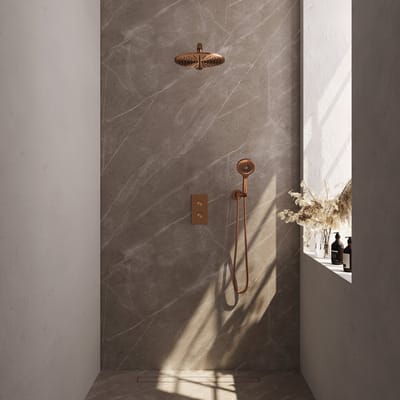Brauer Copper Carving thermostatische inbouw regendouche 3-weg omstelling SET 32 met 30 cm douchekop en rechte muurarm en 3-standen handdouche en doucheslang en wandaansluitbocht koper geborsteld PVD