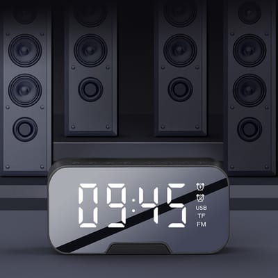 Digitale wekker met bluetooth speaker, radio, spiegel en TF ingang. zwart